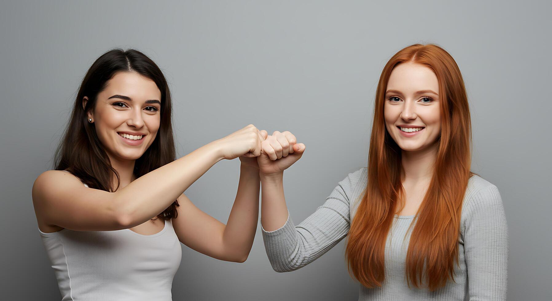 Two women holding hands together on a gray background photo