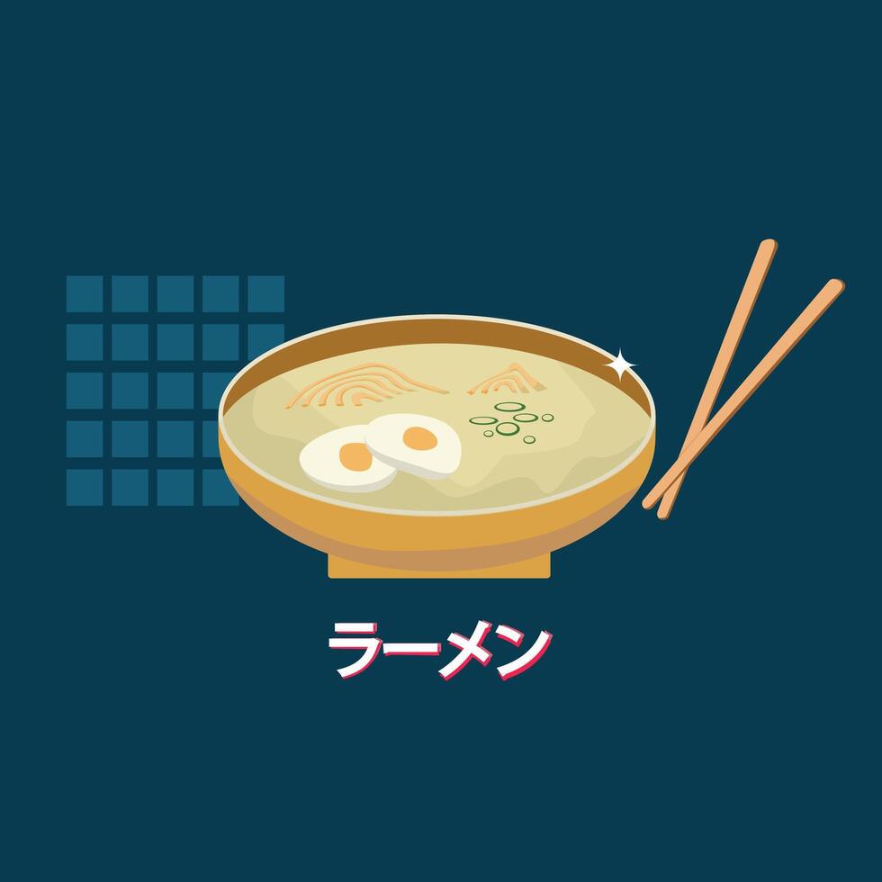 Illustration ramen bowl with eggs and chopsticks in Japanese style, great for food designs, t-shirt prints, restaurant menus, and Asian culture themes. vector