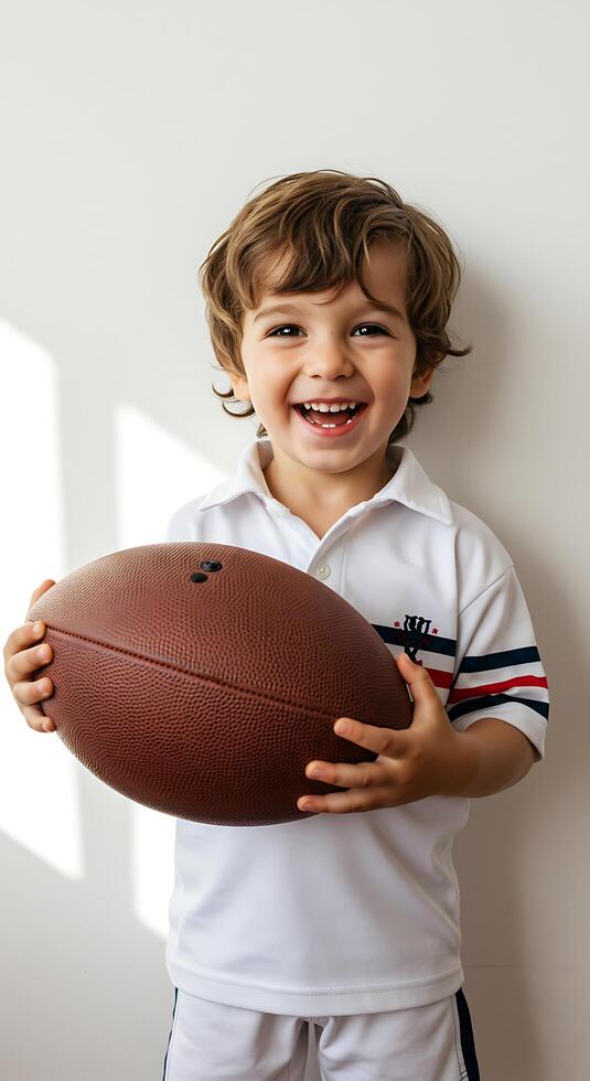 A young boy holding an american football photo