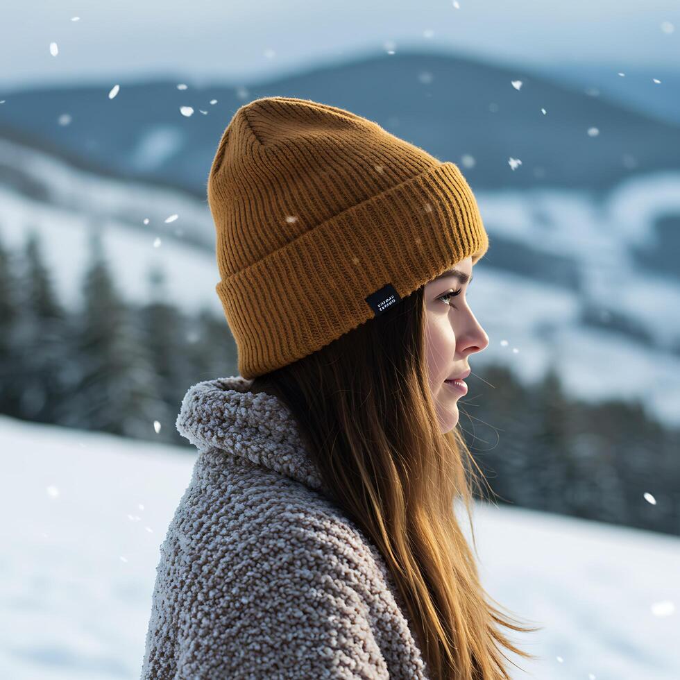 A woman wearing a beanie and a sweater in the snow photo