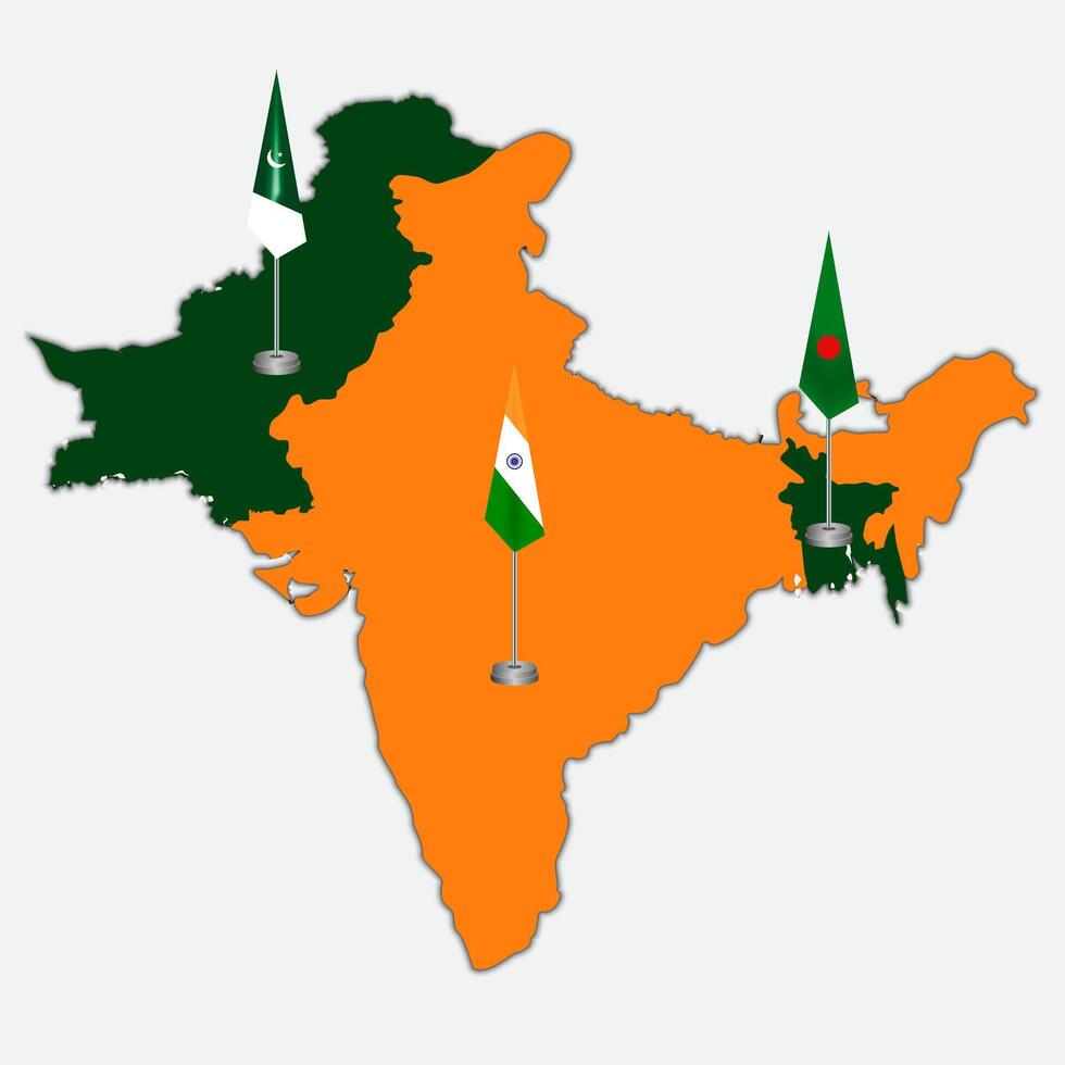 Realistic geopolitical google map of Pakistan, Bangladesh, and India. Bangladesh map, Pakistani map, and Indian map in country territory. Map silhouette of India. Bangladesh and Pakistani vector
