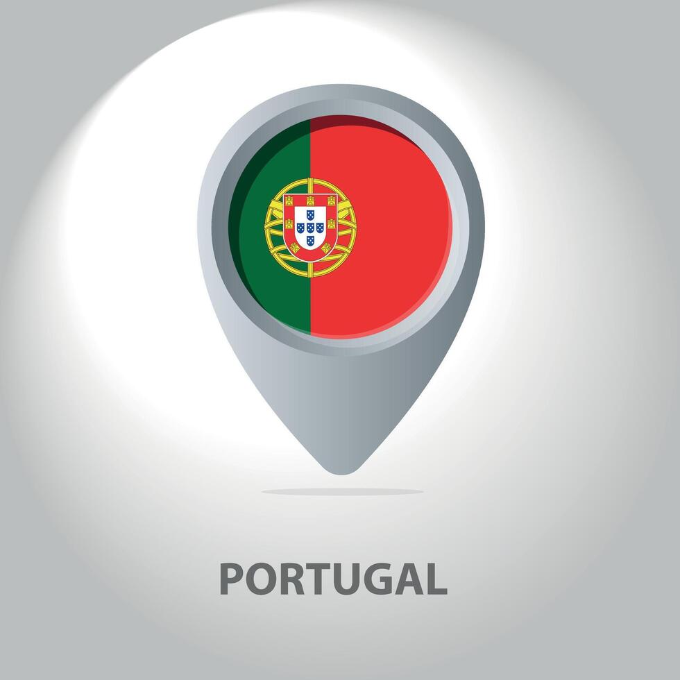 Icon of a map pin featuring the national flag of Portugal. Red and green flag with the coat of arms inside a location pointer on a white gradient background. vector