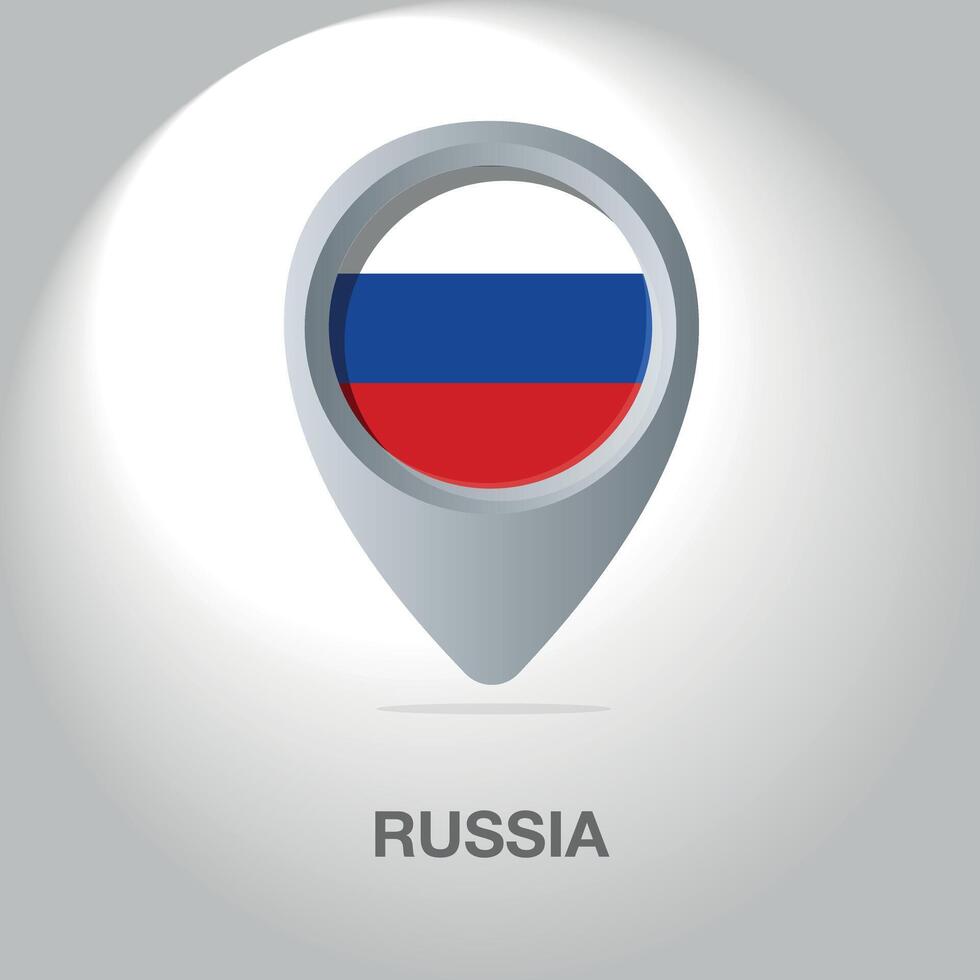 Illustration of the Russian flag inside the pin icon on the map. A symbolic location marker with the national colors of Russia on a white background. vector