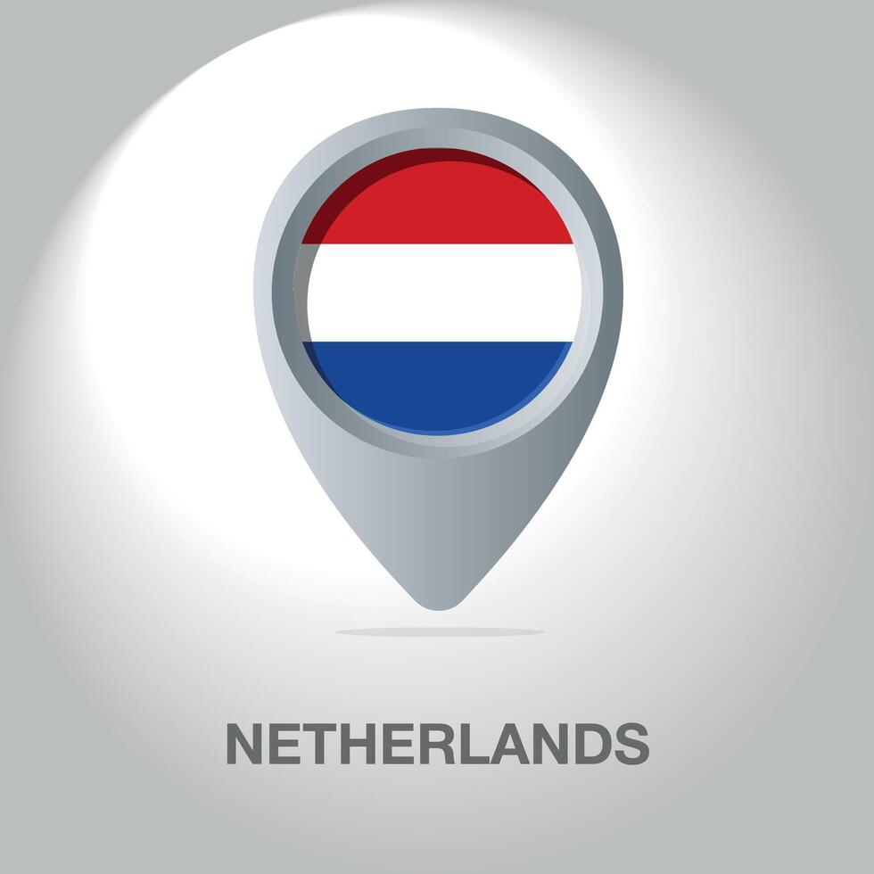 Illustration of the Dutch flag inside the pin icon on the map. A symbolic location marker with the national colors of the Netherlands on a white background. vector