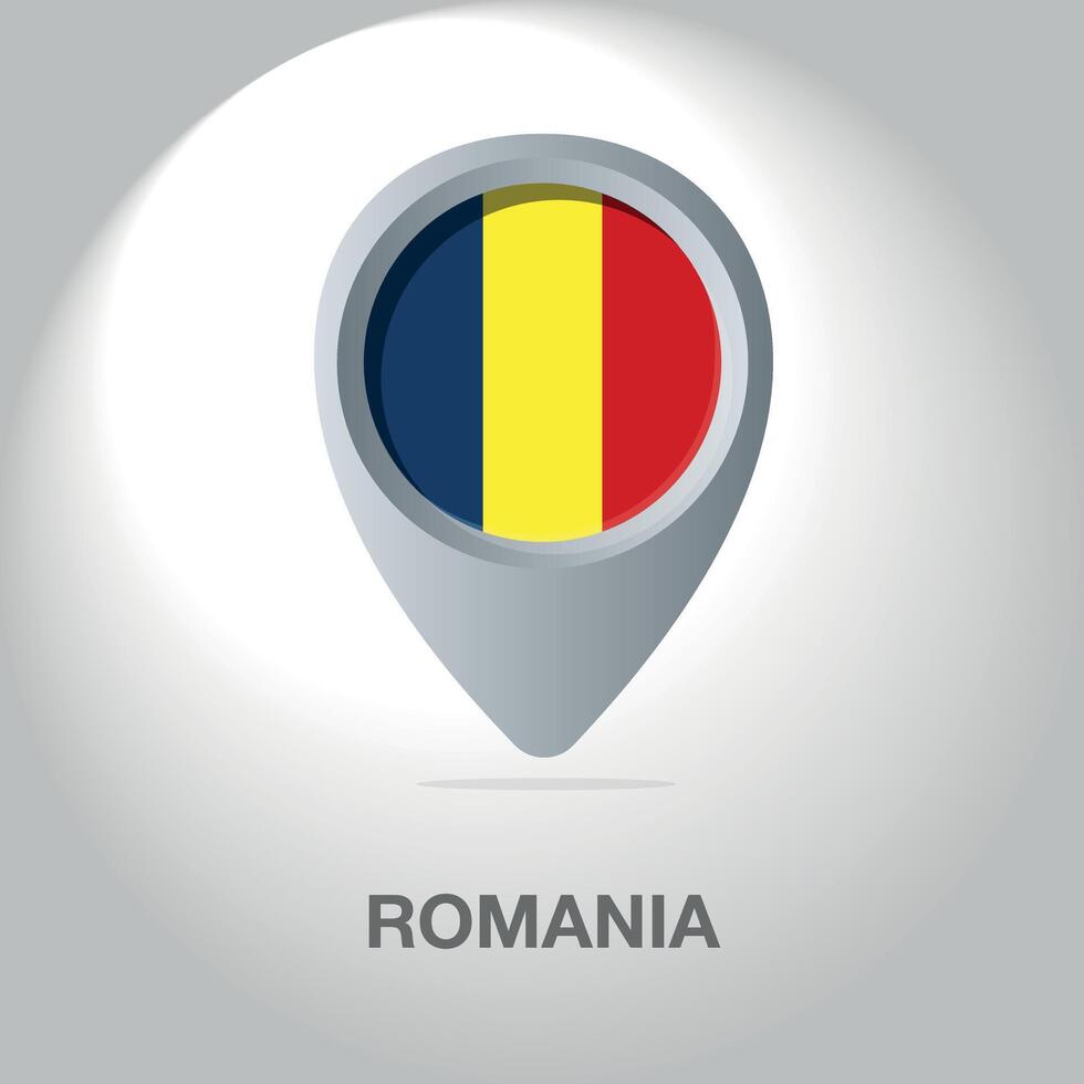 Illustration of the flag of Romania inside the pin icon on the map. vector