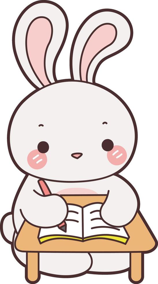 Baby bunny writing in the book. Illustration of cute bunny icon. Funny rabbit in daily activities elements. vector