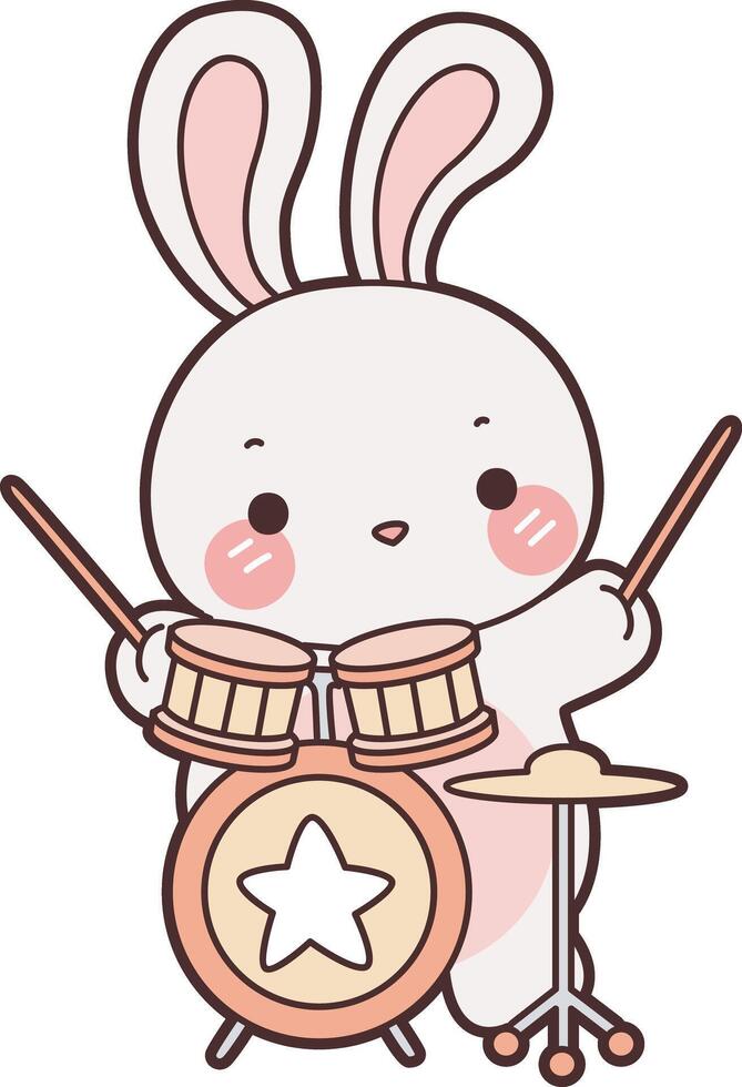 bby bunny playing a drum in the band. Illustration of cute bunny icon. Funny rabbit in daily activities elements. vector