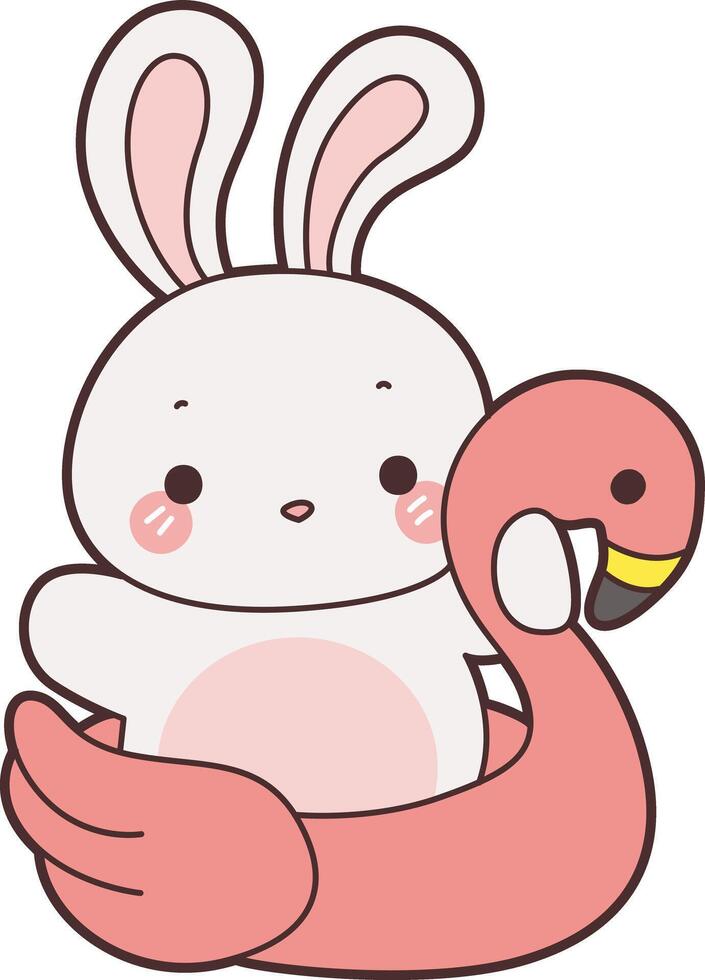 Baby bunny in the flamingo tire. Illustration of cute bunny icon. Funny rabbit in daily activities elements. vector