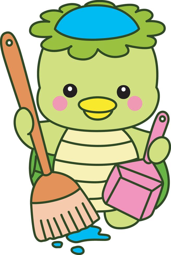 Kappa cleaning the floor with broom and duster. Kawaii japanese mythology Kappa sticker cute. Cute kappa mascot ghost japanese. vector