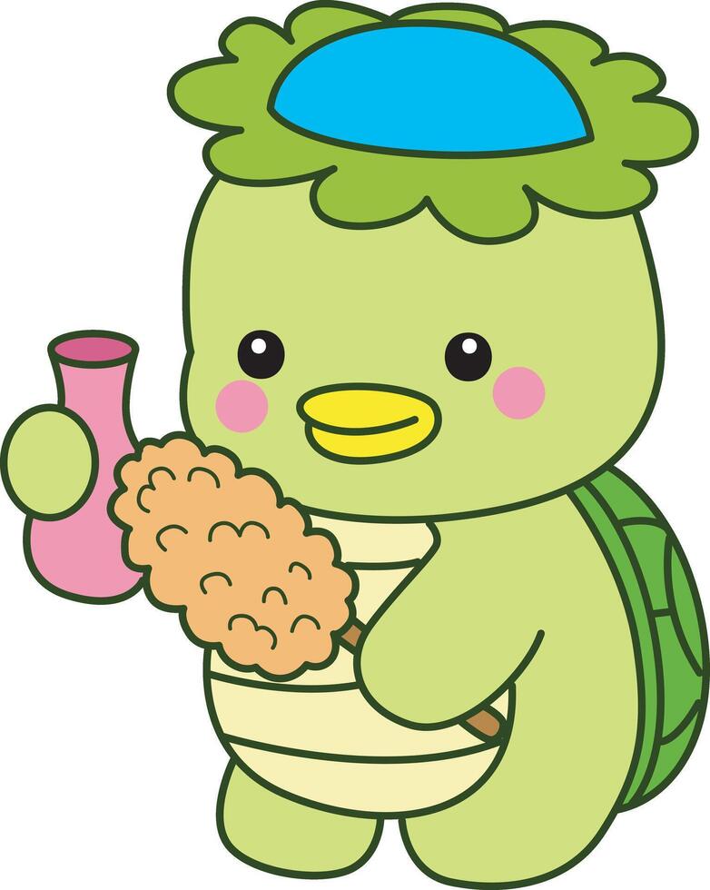 Kappa cleaning the vase with feather duster. Kawaii japanese mythology Kappa sticker cute. Cute kappa mascot ghost japanese. vector