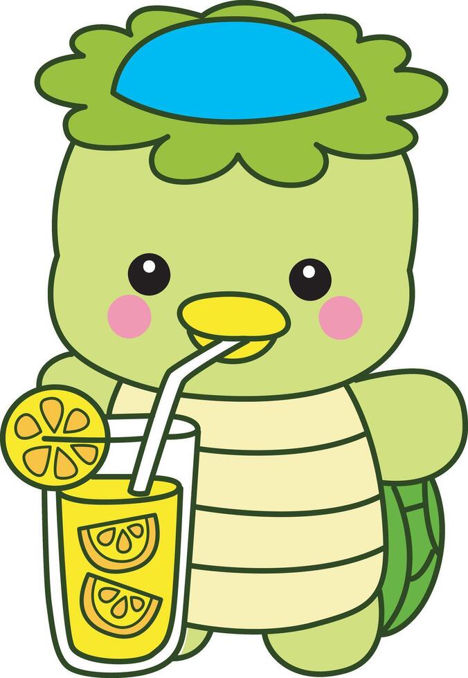 Kappa drinking an orange juice. Kawaii japanese mythology Kappa sticker cute. Cute kappa mascot ghost japanese. vector