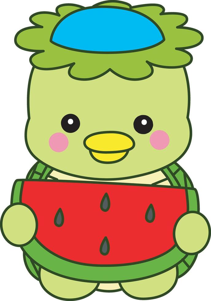 Kappa bring a watermelon. Kawaii japanese mythology Kappa sticker cute. Cute kappa mascot ghost japanese. vector