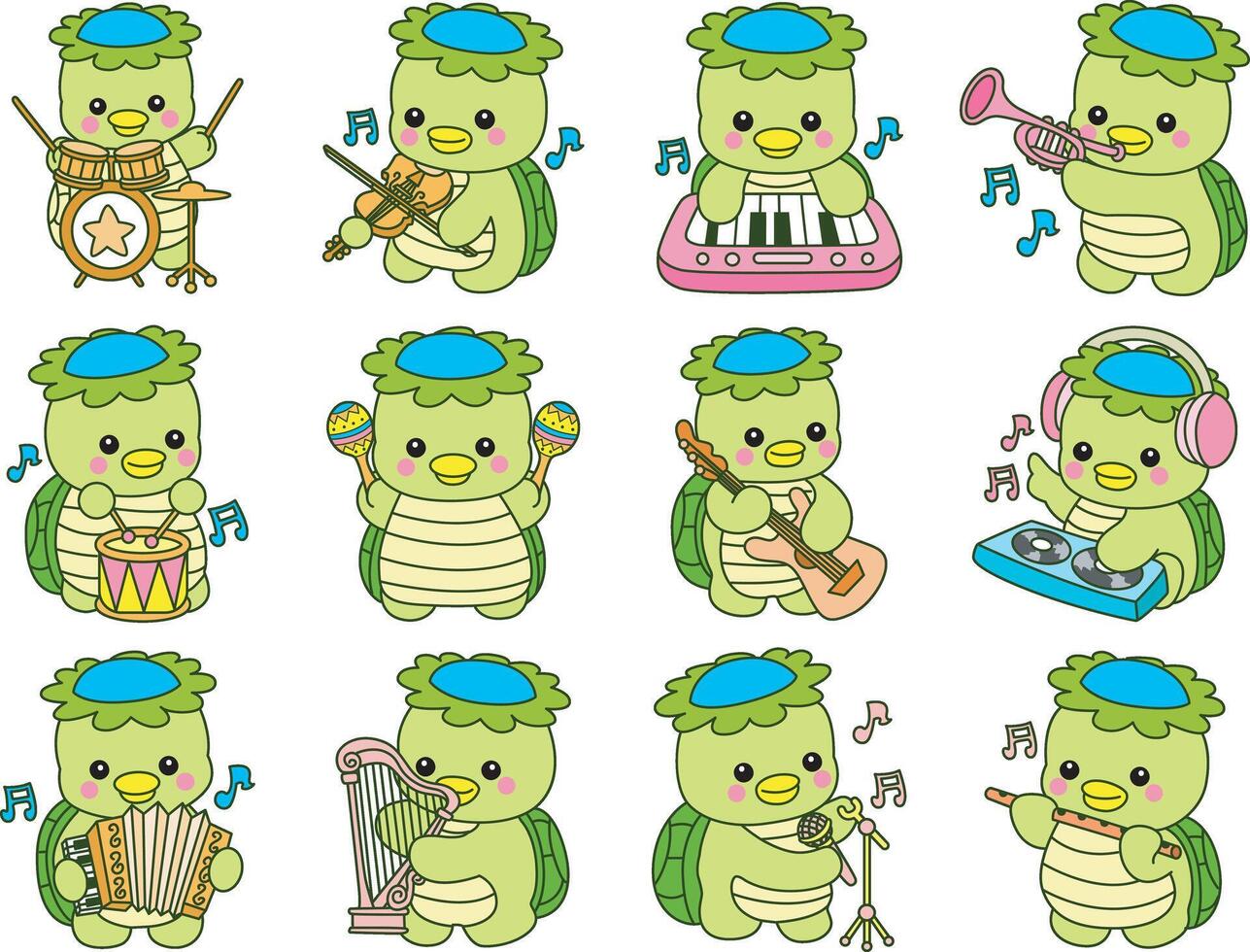 Kappa in the variation of music and instrument. Kawaii japanese mythology Kappa sticker cute. Cute kappa mascot ghost japanese. vector