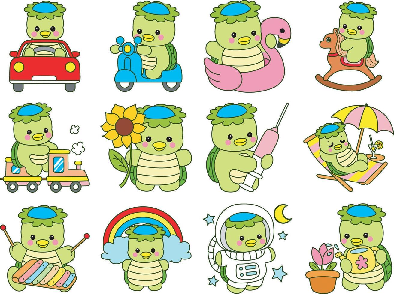 Kappa in the variation of transportation. Kawaii japanese mythology Kappa sticker cute. Cute kappa mascot ghost japanese. vector