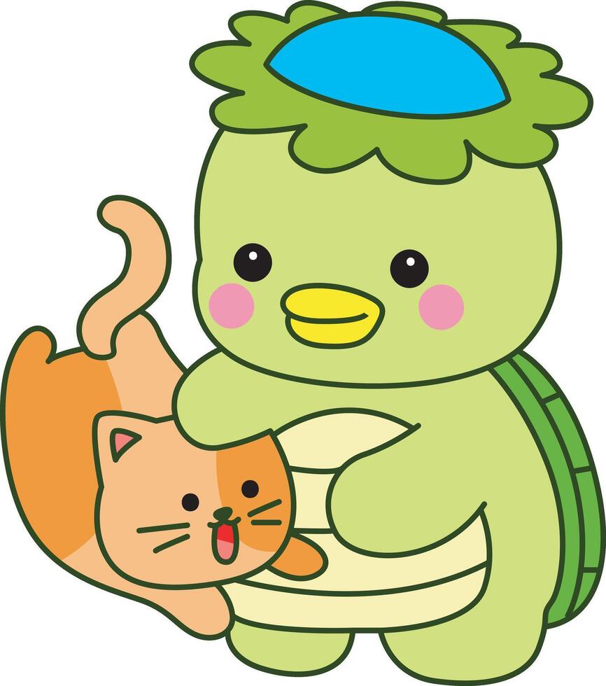 Kappa playing with kitty. Kawaii japanese mythology Kappa sticker cute. Cute kappa mascot ghost japanese. vector