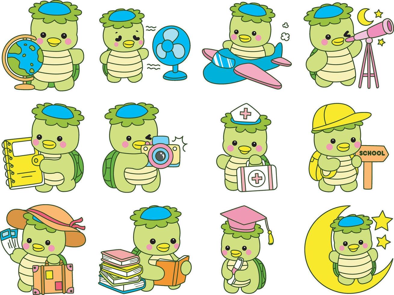 Kappa in the variation of random activities. Kawaii japanese mythology Kappa sticker cute. Cute kappa mascot ghost japanese. vector