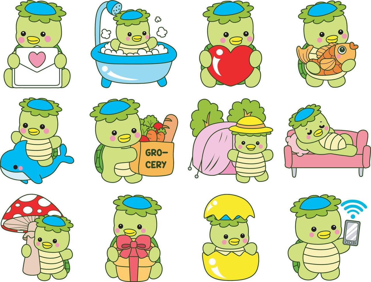 Kappa in the random activities. Kawaii japanese mythology Kappa sticker cute. Cute kappa mascot ghost japanese. vector