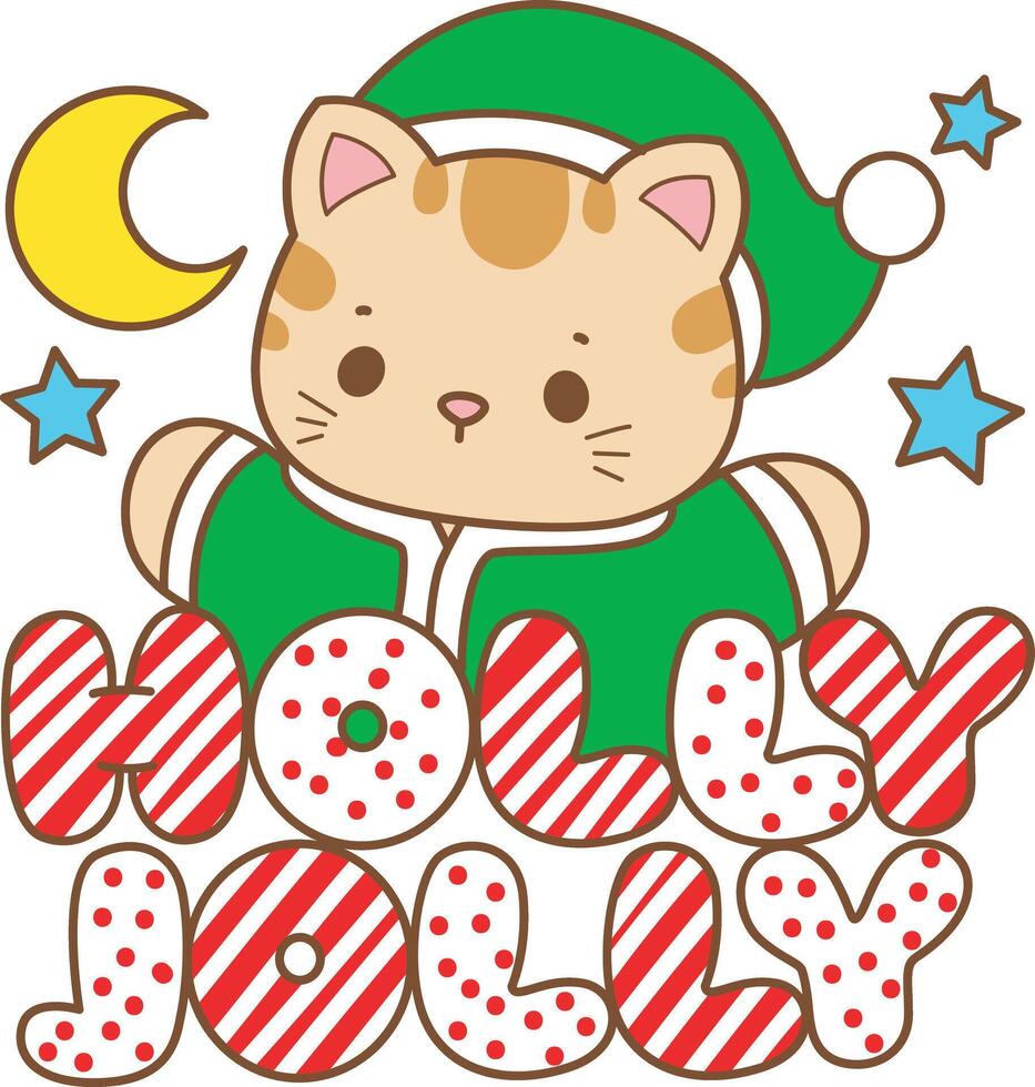 Santa kitten with holly jolly text. Kawaii animal kitty for scrapbook and sticker. A funny cat illustrations. vector