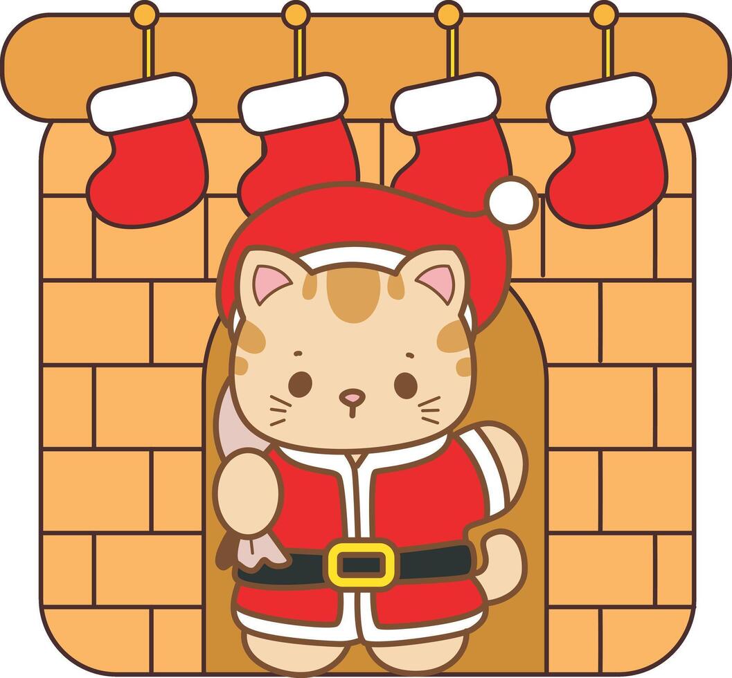 Santa kitten arrive in the fire place. Kawaii animal kitty for scrapbook and sticker. A funny cat illustrations. vector