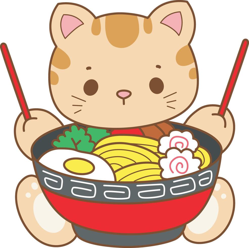 Kitten want to eating ramen. Kawaii animal kitty for scrapbook and sticker. A funny cat illustrations. vector