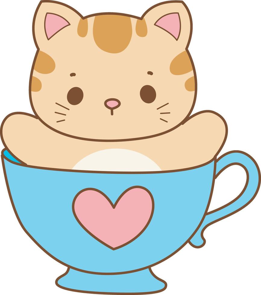 Kitten stuck in the cup of tea. Kawaii animal kitty for scrapbook and sticker. A funny cat illustrations. vector
