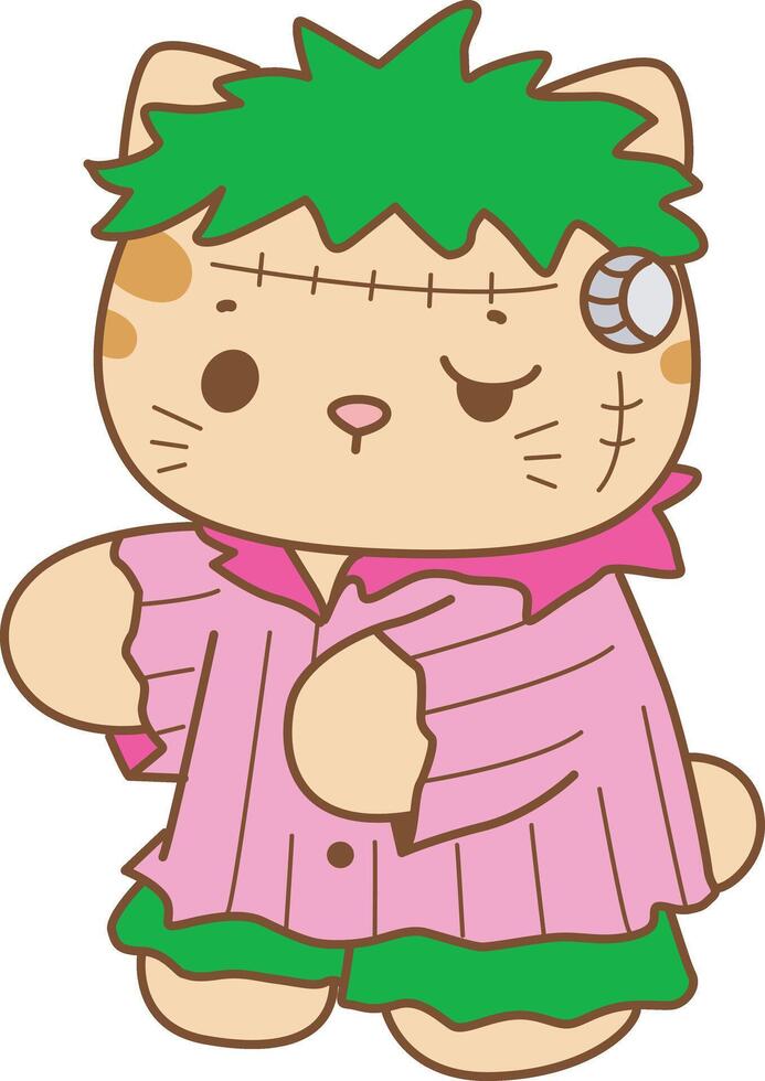 Kitten wearing a frankenstein costume. Kawaii animal kitty for scrapbook and sticker. A funny cat illustrations. vector
