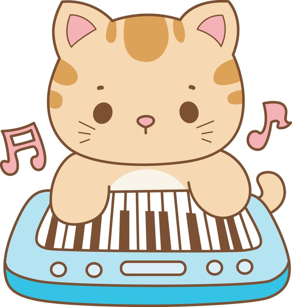 kitten playing a piano. Kawaii animal kitty for scrapbook and sticker. A funny cat illustrations. vector