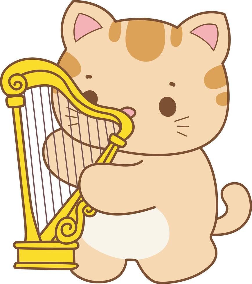 Kitten playing a harpa.Kawaii animal kitty for scrapbook and sticker. A funny cat illustrations. vector