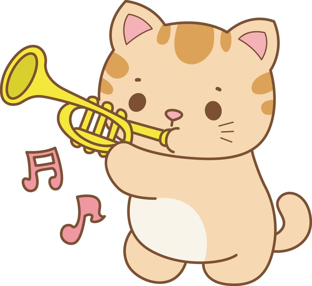 Kitten playing a turmpet. Kawaii animal kitty for scrapbook and sticker. A funny cat illustrations. vector