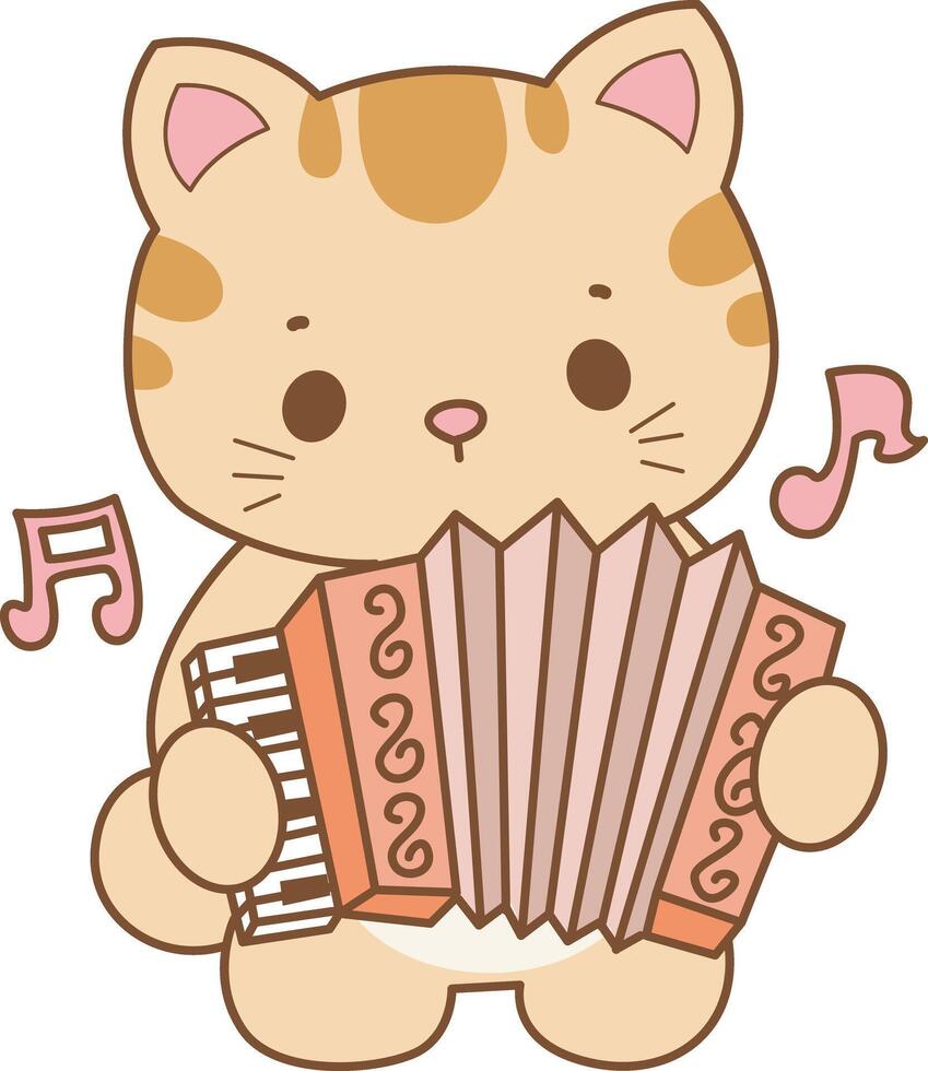Kitten playing an accordion. Kawaii animal kitty for scrapbook and sticker. A funny cat illustrations. vector