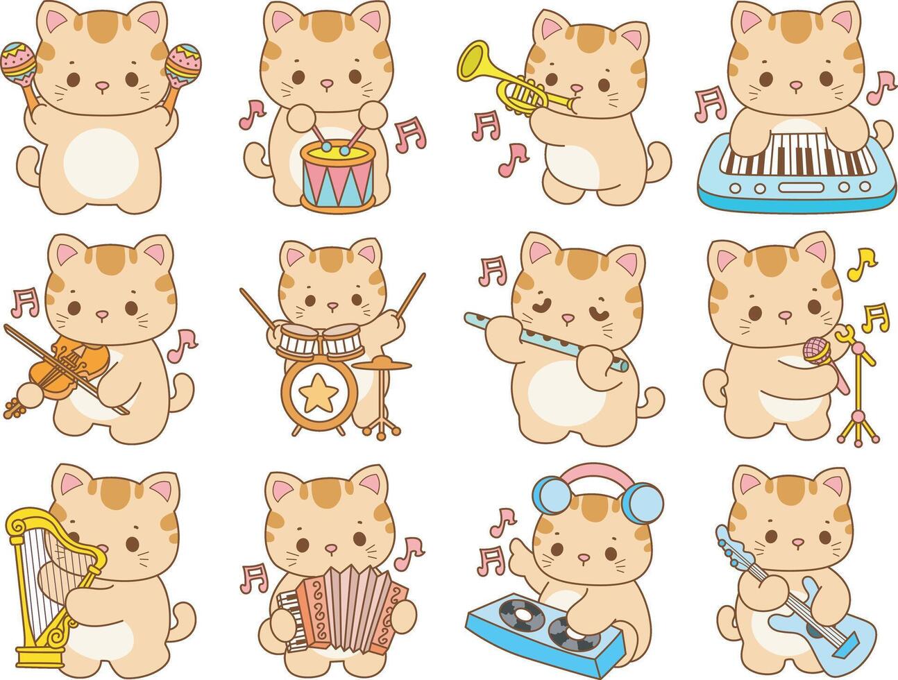 Kitten in the variation of music and instrument. Kawaii animal kitty for scrapbook and sticker. A funny cat illustrations. vector