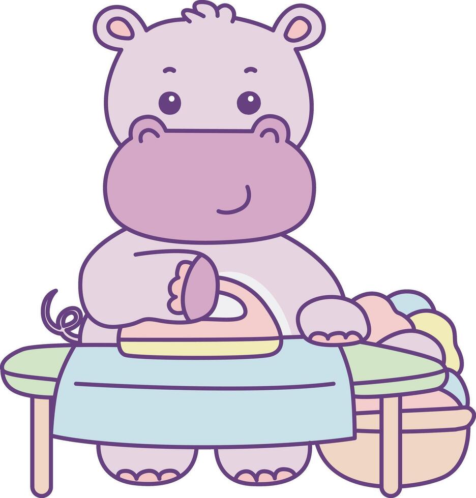 Baby hippo ironing the clothes. Cute hippo icon. Funny baby hippo animal series stock illustration. life of fluffy hippo designs. vector