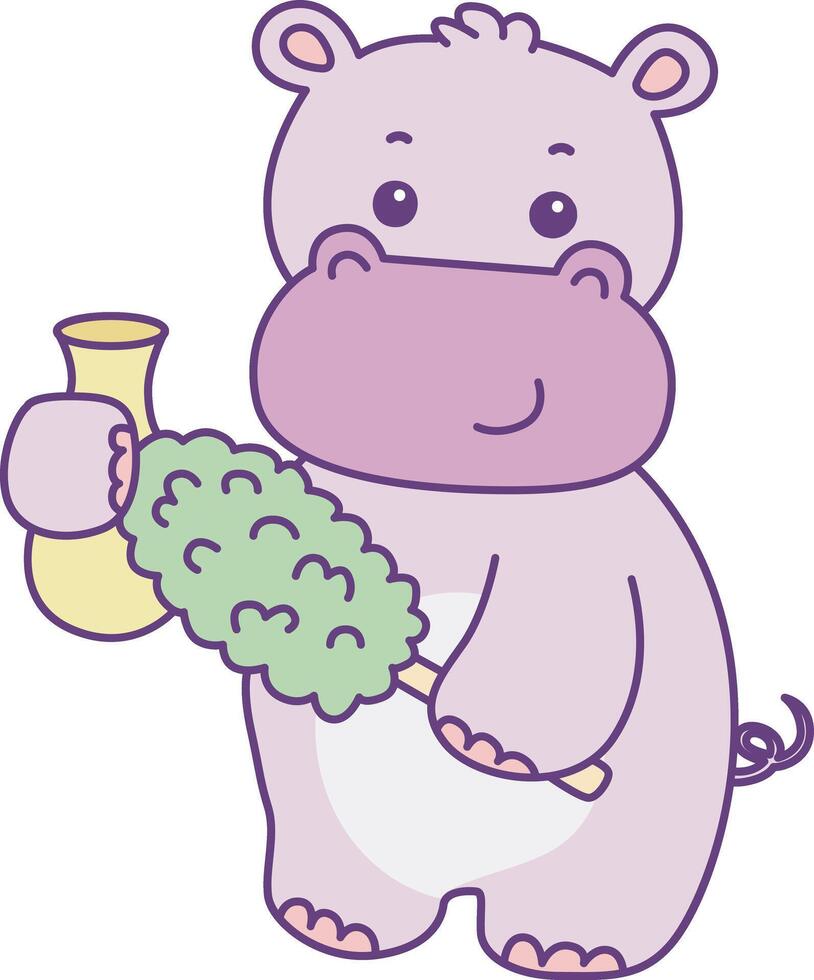 Baby hippo cleaning the vase with feather duster. Cute hippo icon. Funny baby hippo animal series stock illustration. life of fluffy hippo designs. vector