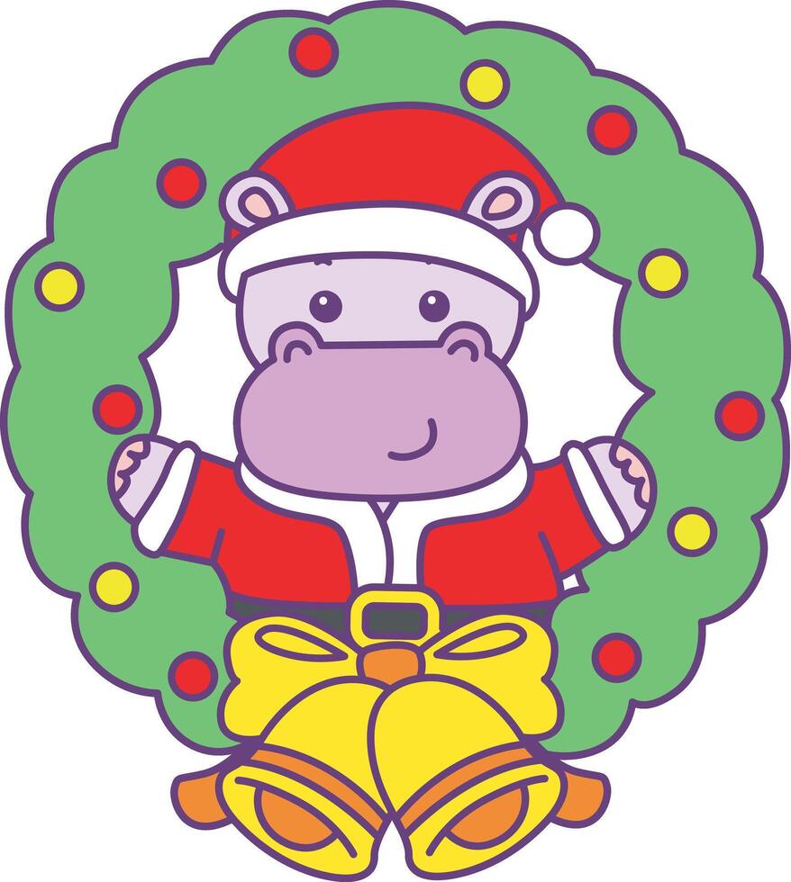 Baby santa hippo in the door decoration. Cute hippo icon. Funny baby hippo animal series stock illustration. life of fluffy hippo designs. vector