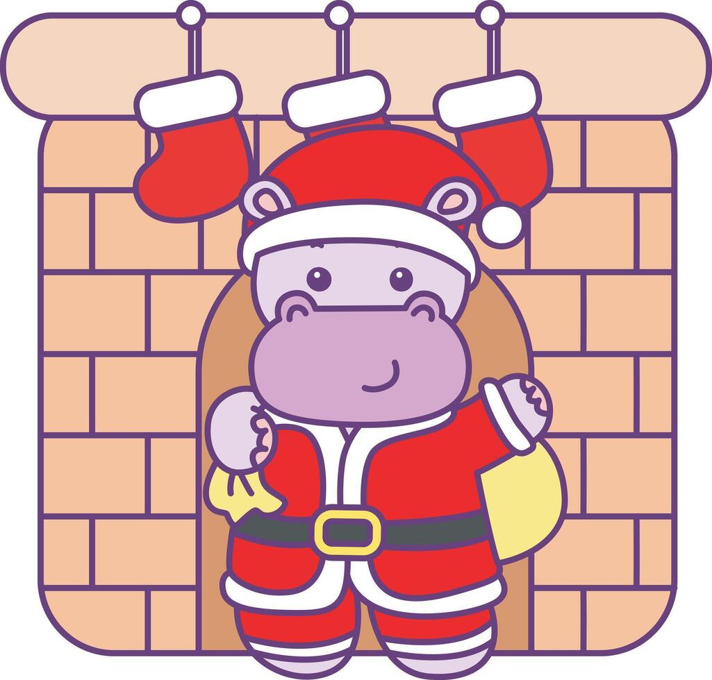 Baby santa hippo arrive in the fire place. Cute hippo icon. Funny baby hippo animal series stock illustration. life of fluffy hippo designs. vector