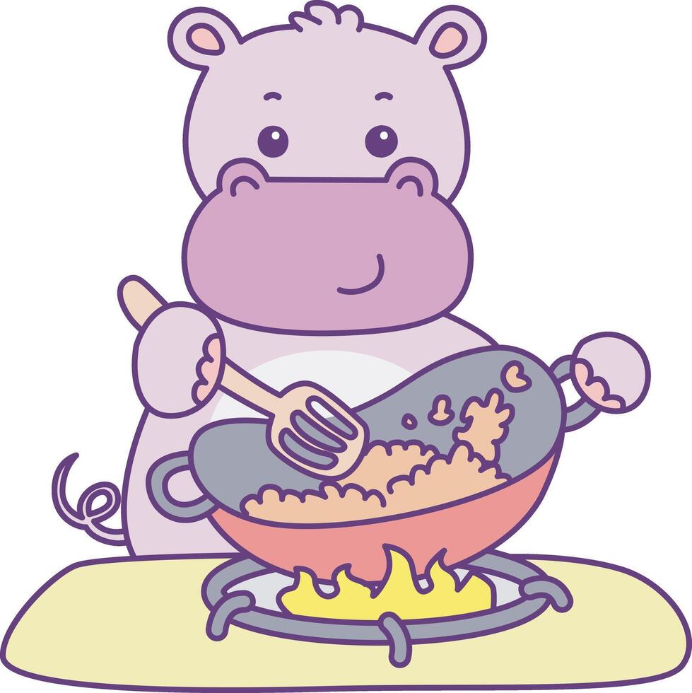 Baby santa hippo cooking a fried rice. Cute hippo icon. Funny baby hippo animal series stock illustration. life of fluffy hippo designs. vector