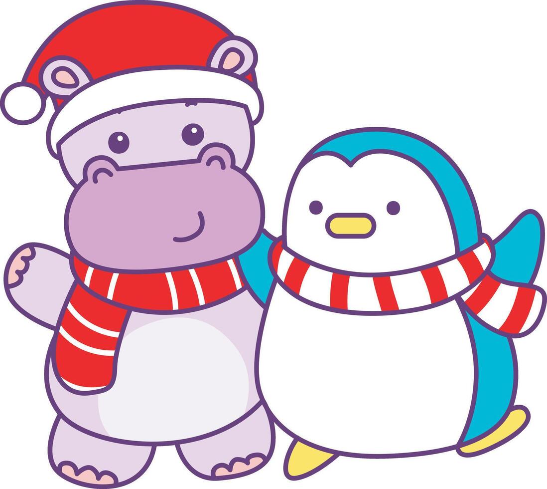 Baby santa hippo with penguin. Cute hippo icon. Funny baby hippo animal series stock illustration. life of fluffy hippo designs. vector