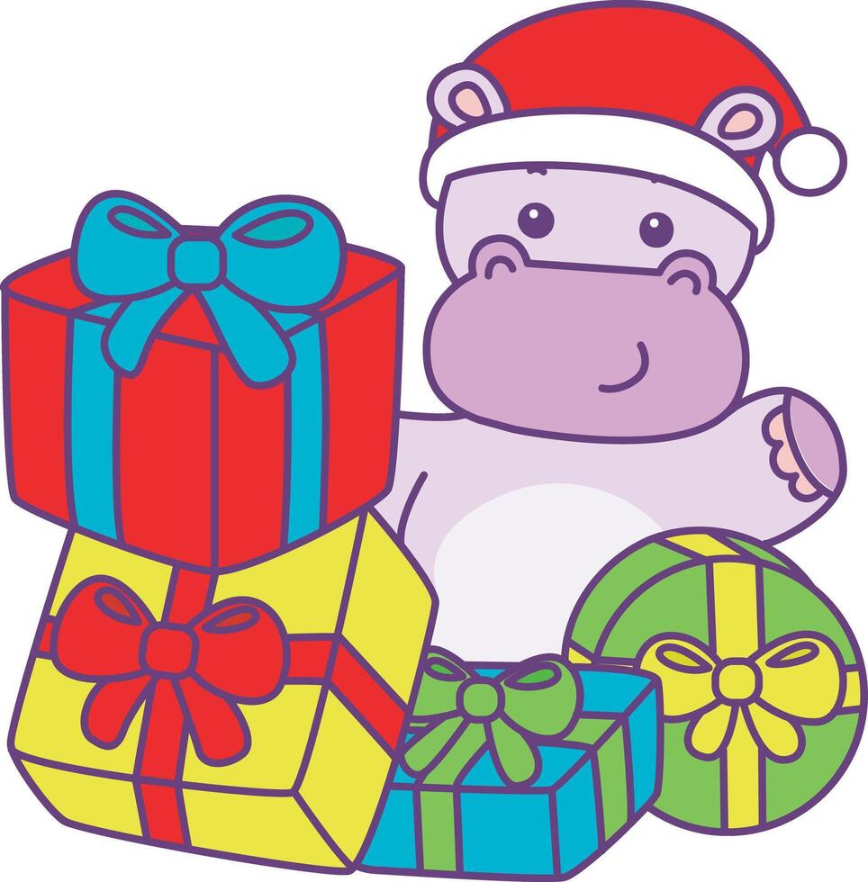 Baby santa hippo bring a lot of gifts. Cute hippo icon. Funny baby hippo animal series stock illustration. life of fluffy hippo designs. vector