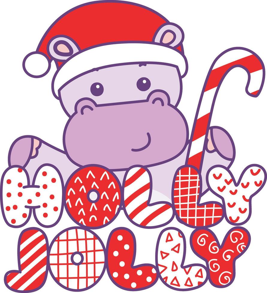 Baby santa hippo with holly jolly text. Cute hippo icon. Funny baby hippo animal series stock illustration. life of fluffy hippo designs. vector