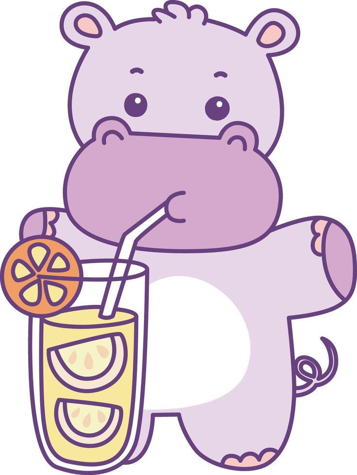 Baby hippo drinking an orange juice. Cute hippo icon. Funny baby hippo animal series stock illustration. life of fluffy hippo designs. vector