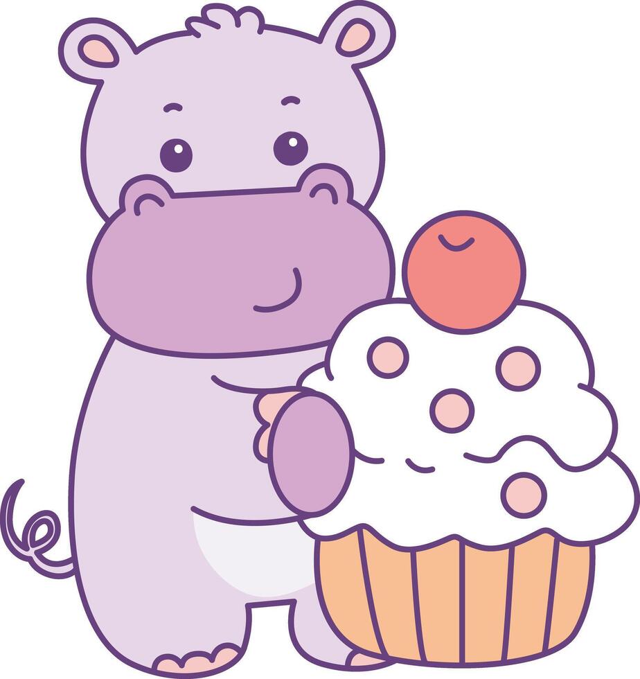 Baby hippo bring a cupcake. Cute hippo icon. Funny baby hippo animal series stock illustration. life of fluffy hippo designs. vector
