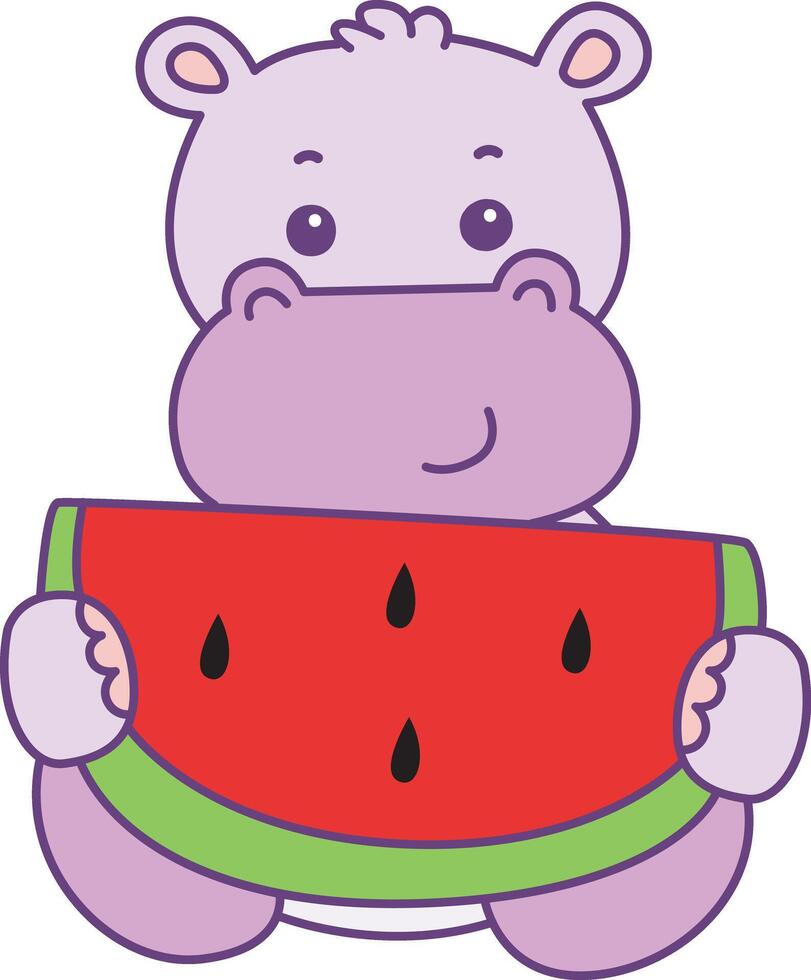 Baby hippo bring a watermelon. Cute hippo icon. Funny baby hippo animal series stock illustration. life of fluffy hippo designs. vector