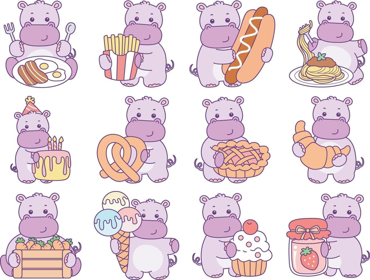 Baby hippo in the variation of food and snack. Cute hippo icon. Funny baby hippo animal series stock illustration. life of fluffy hippo designs. vector
