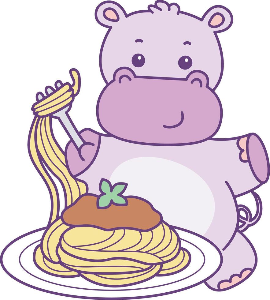 Baby hippo want to eating spaghetti. Cute hippo icon. Funny baby hippo animal series stock illustration. life of fluffy hippo designs. vector