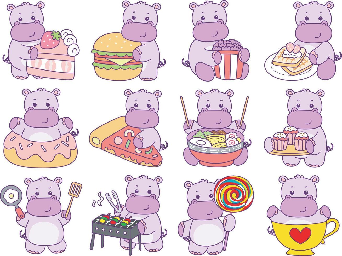 Baby hippo in the variation of street food and dessert. Cute hippo icon. Funny baby hippo animal series stock illustration. life of fluffy hippo designs. vector