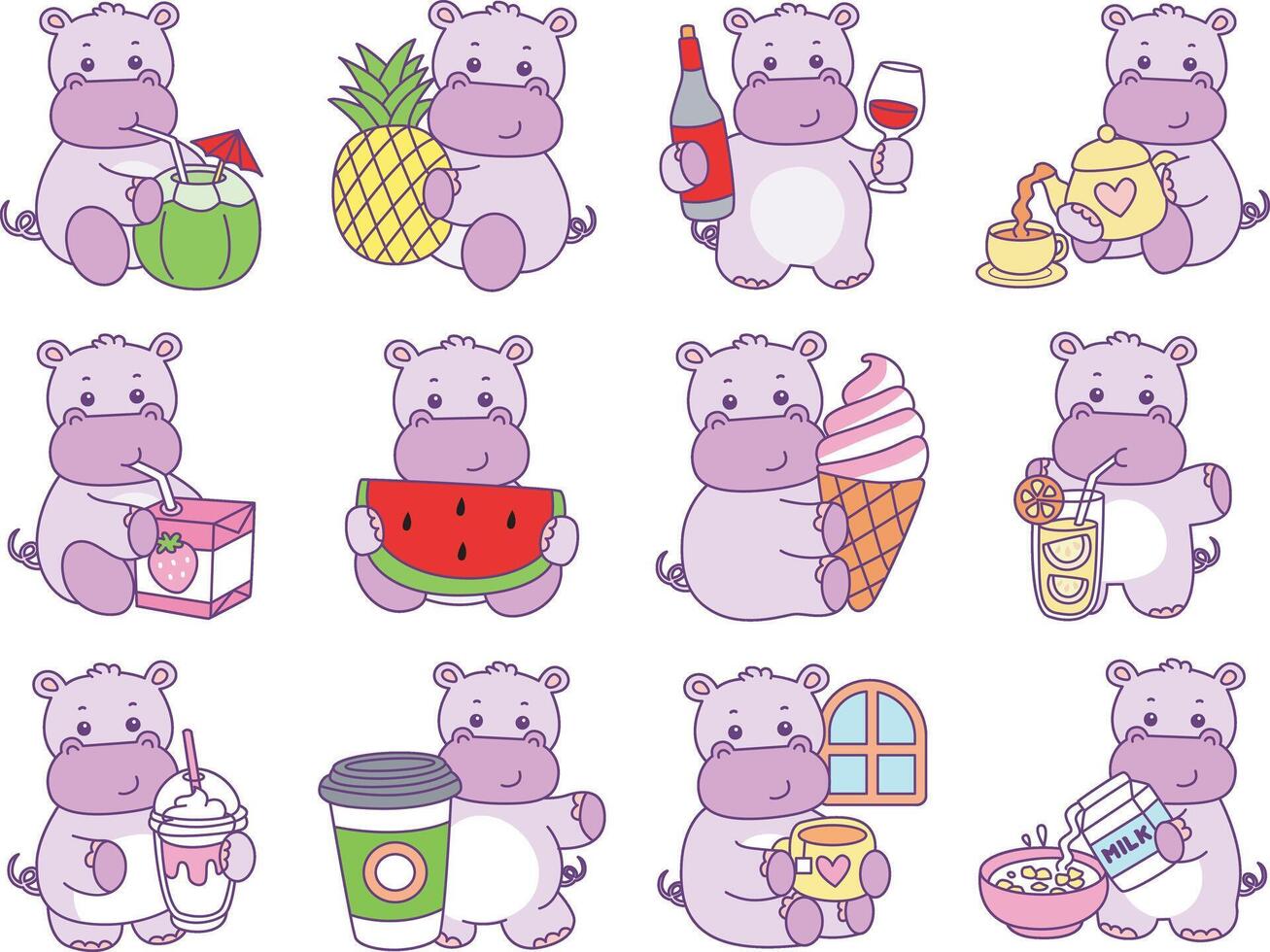 Baby hippo in the variation of drink and beverage. Cute hippo icon. Funny baby hippo animal series stock illustration. life of fluffy hippo designs. vector