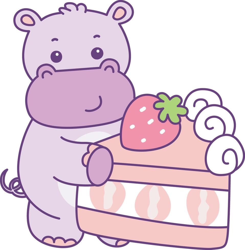 Baby hippo bring a strawberry cake. Cute hippo icon. Funny baby hippo animal series stock illustration. life of fluffy hippo designs. vector