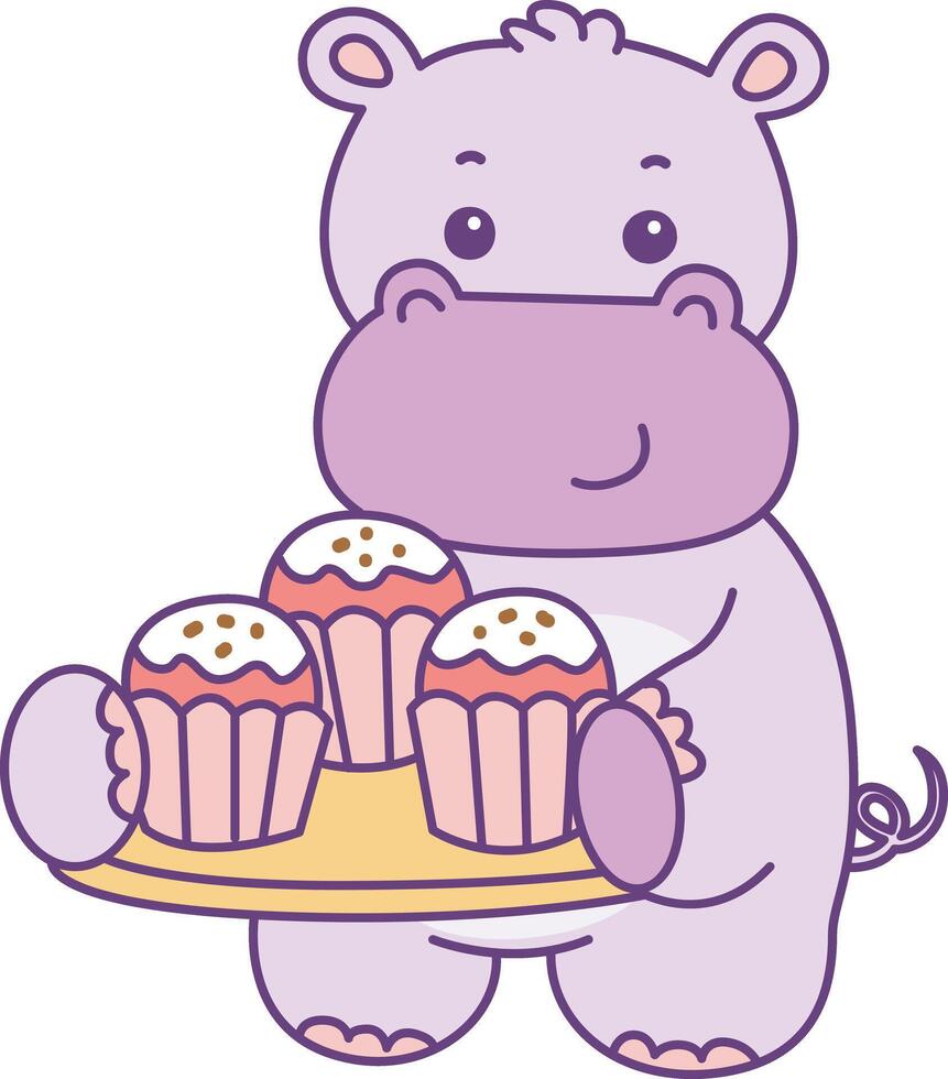 baby hippo bring a three of cupcakes. Cute hippo icon. Funny baby hippo animal series stock illustration. life of fluffy hippo designs. vector