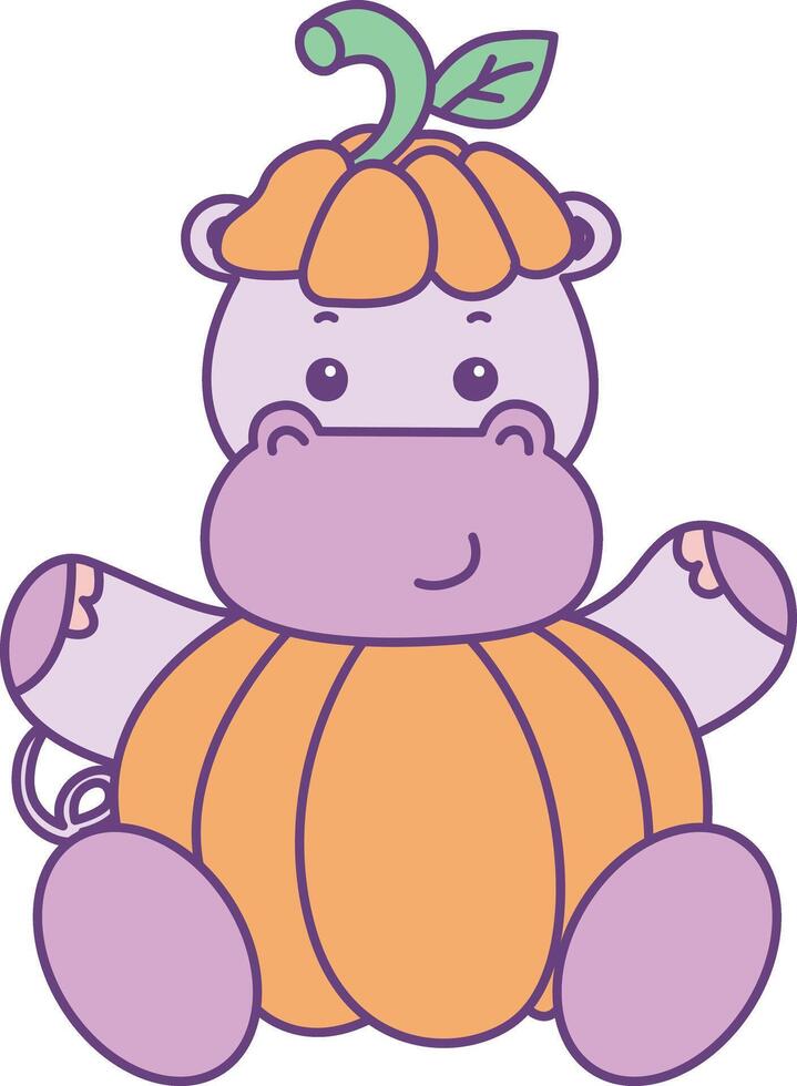 Baby hippo wearing a pumpkin costume. Cute hippo icon. Funny baby hippo animal series stock illustration. life of fluffy hippo designs. vector