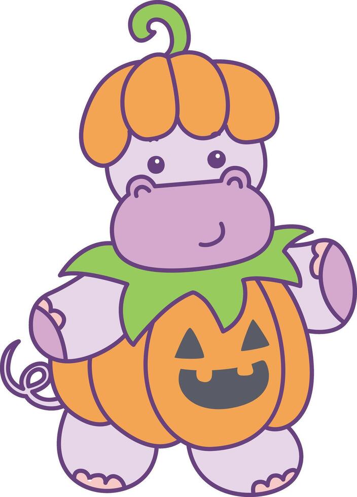 Baby hippo wearing a pumpkin costume in hallloween. Cute hippo icon. Funny baby hippo animal series stock illustration. life of fluffy hippo designs. vector